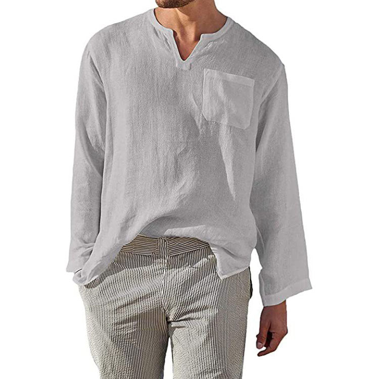 Herren Leinen Langarmshirt mit Henley-Ausschnitt und Brusttasche Krohn-e