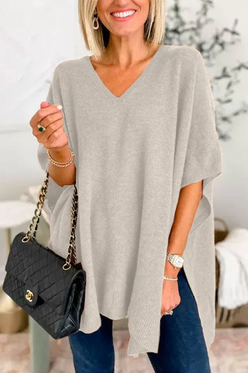 Damen lässiger Strickponcho mit V-Ausschnitt und überschnittenen Ärmeln Krohn-e