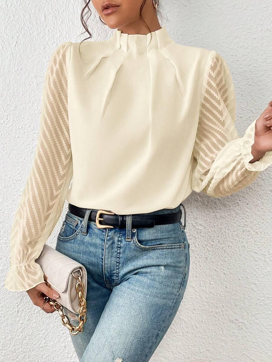 Krohn-e | Bluse mit Plissiertem Kragen und Transparenten Ärmeln Stilvoll und Feminin