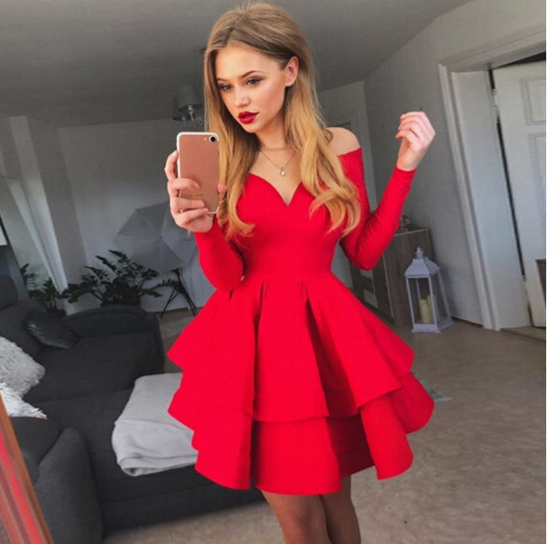 Damen Verspieltes schulterfreies Cocktailkleid mit Volants und tiefem V-Ausschnitt Krohn-e