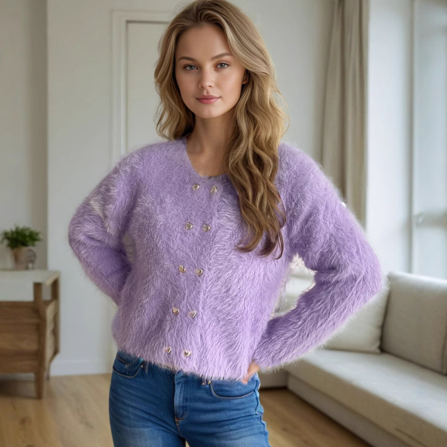 Damen flauschige Strickjacke mit herzförmigen Knöpfen und lockerer Passform Krohn-e