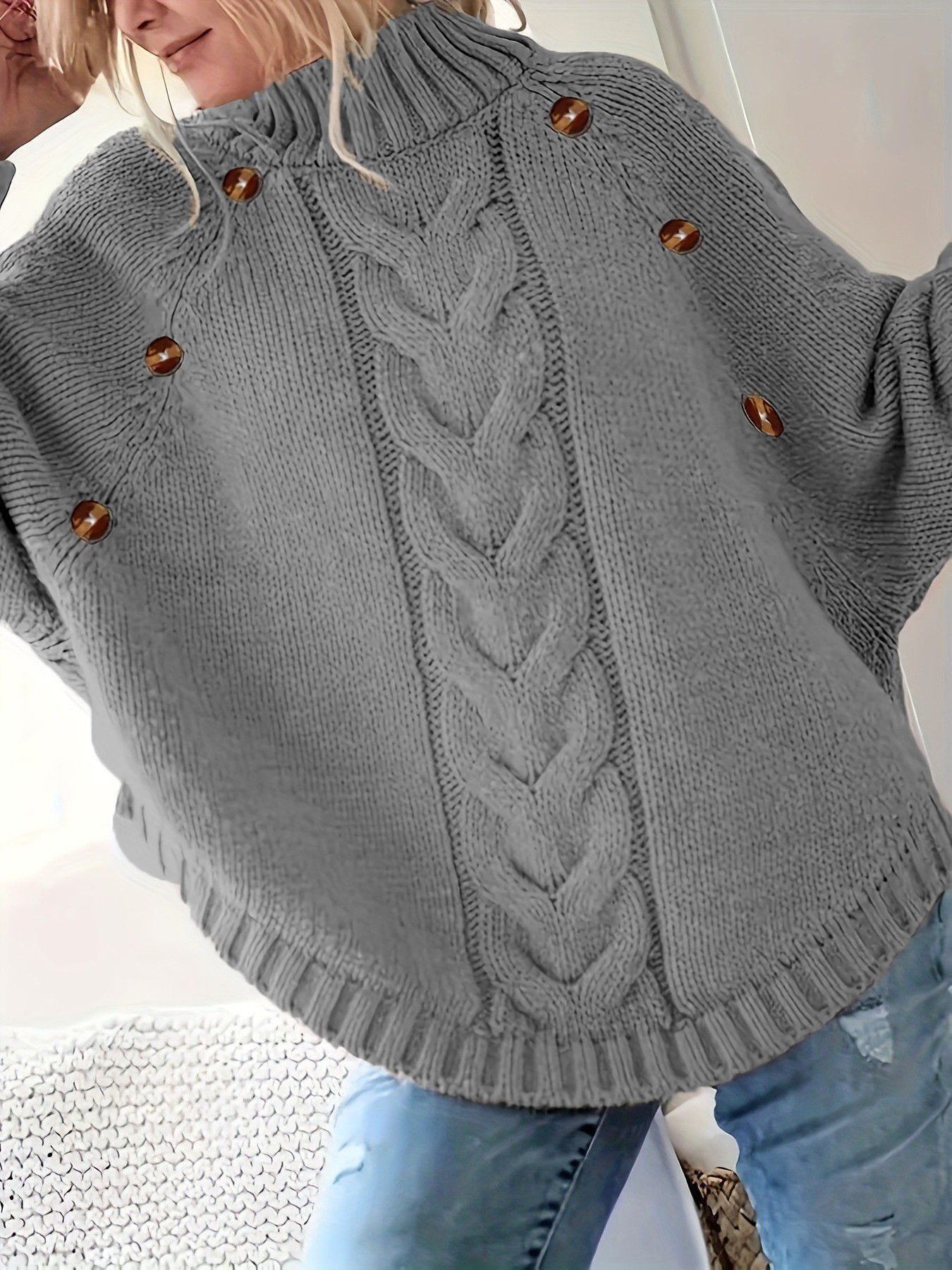 Damen Oversized Strickpullover mit Hochkragen und dekorativen Knopfdetails Krohn-e