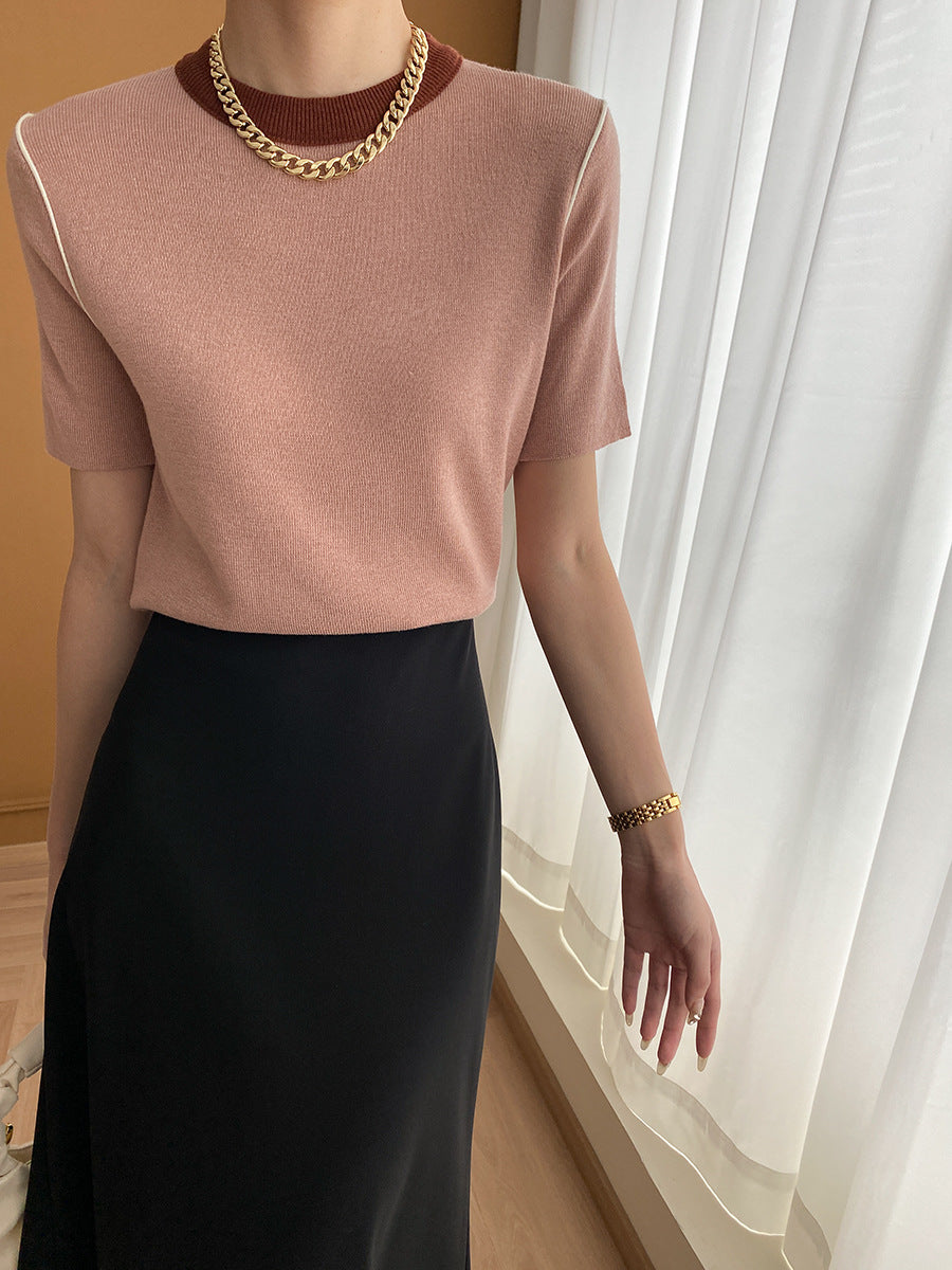 Kurzärmliges Rundhals-Stricktop von Fudus im Retro-Kontrastfarben-Design