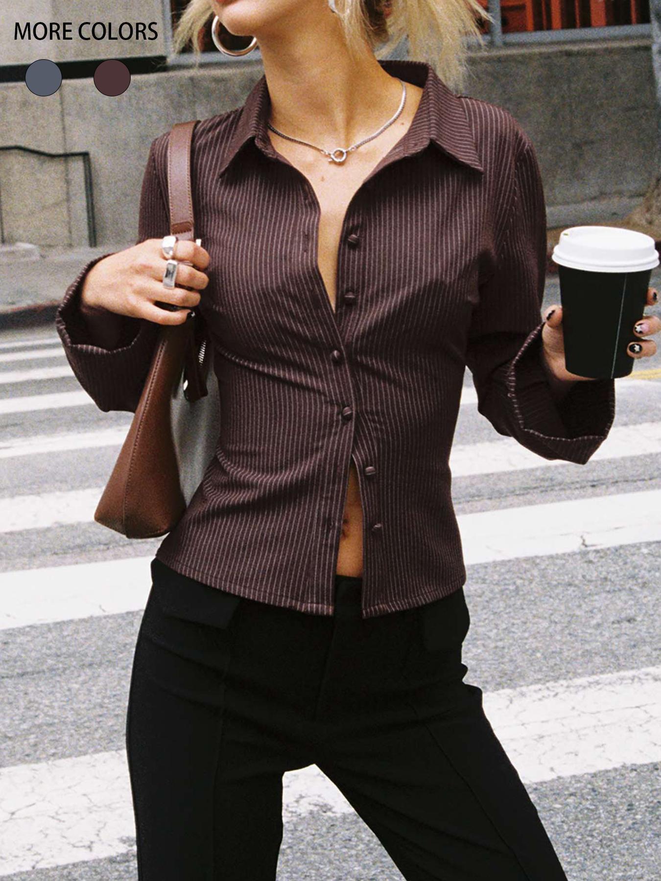 Damen taillierte Hemdbluse mit Klappkragen und feinen Streifen Krohn-e