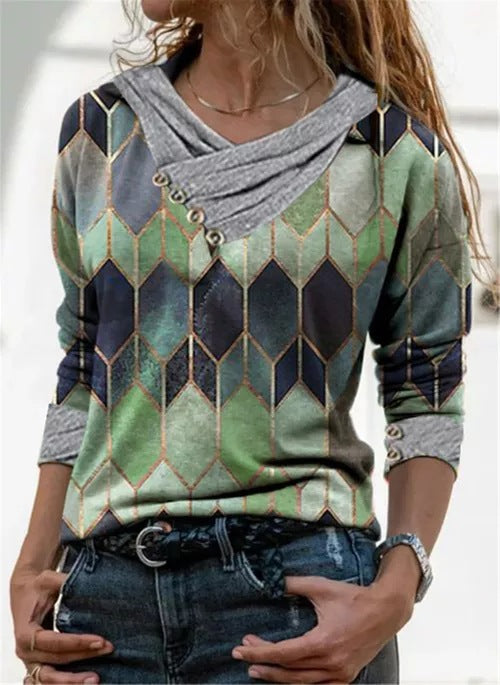 Damen modisches Langarmshirt mit V-Ausschnitt und dekorativen Knopfdetails Krohn-e