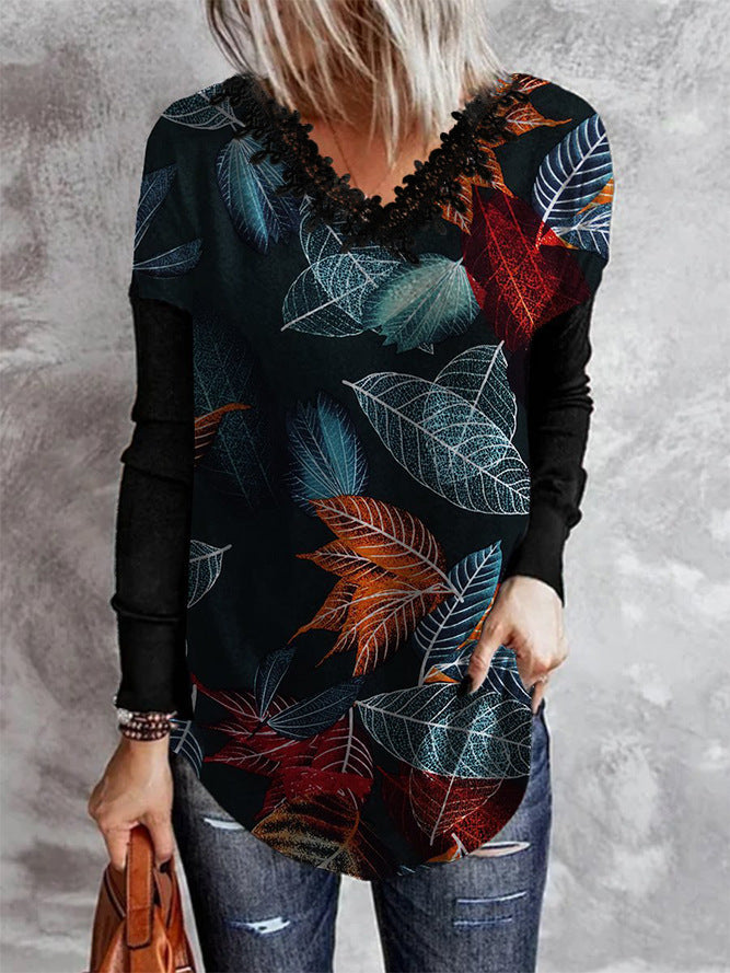 Elegantes V-Ausschnitt Langarm Raglan T-Shirt aus Spitze von Fudus