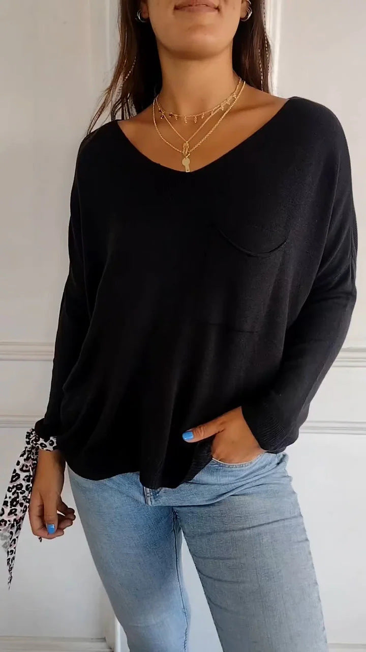 Damen T-Shirt mit langen Ärmeln, Rundhals, unifarben, lässig, mit Taschen