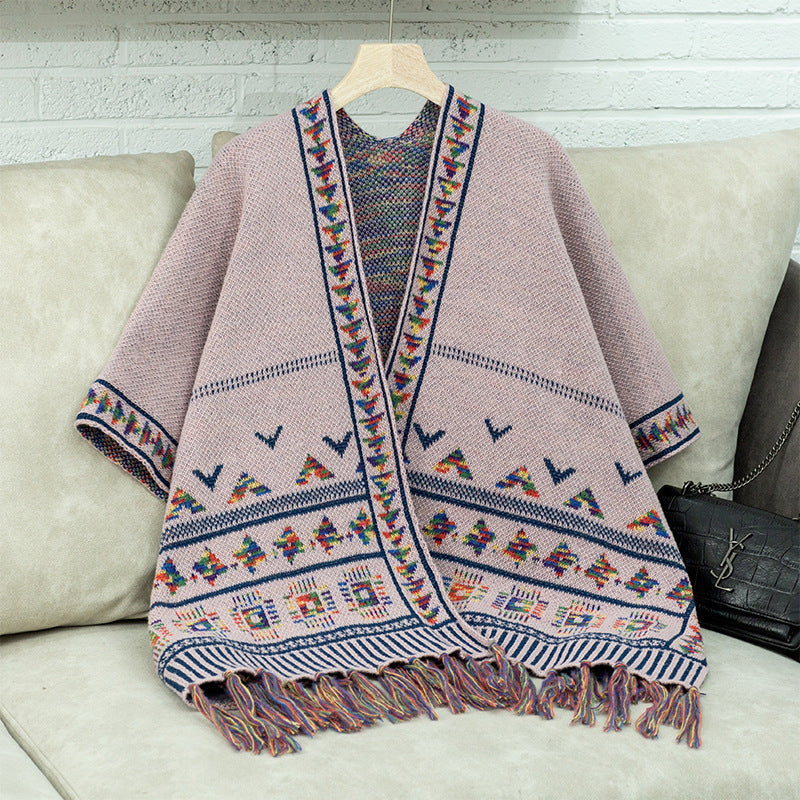 Damen stilvolle Poncho mit buntem Ethnomuster Krohn-e