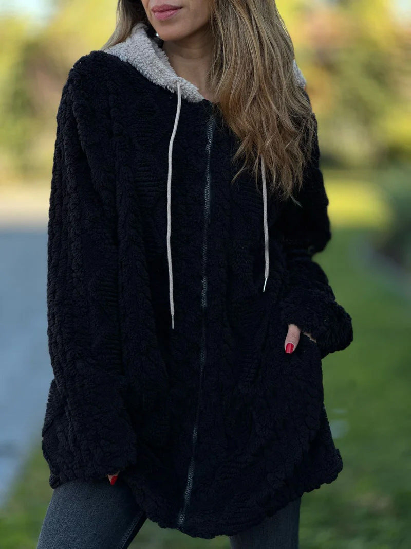 Krohn-e | Lange Weinlese Kapuzen Fell Reißverschluss Gestrickte Jacke