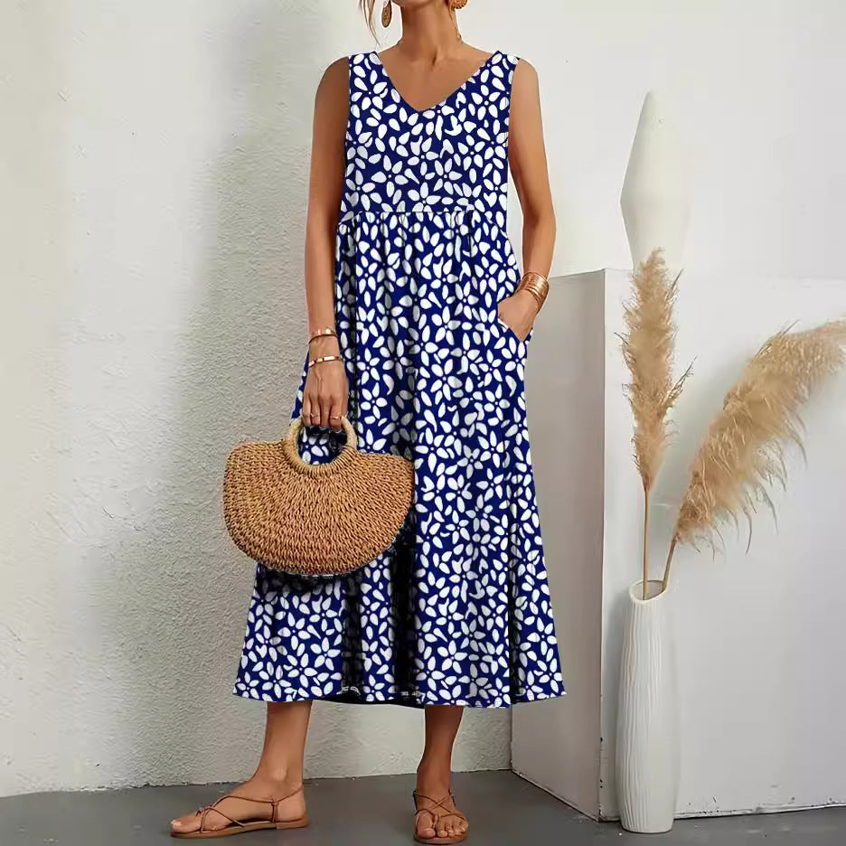 Fudus Sommerkleid: Elegantes, ärmelloses V-Ausschnitt-Printkleid mit Taschen