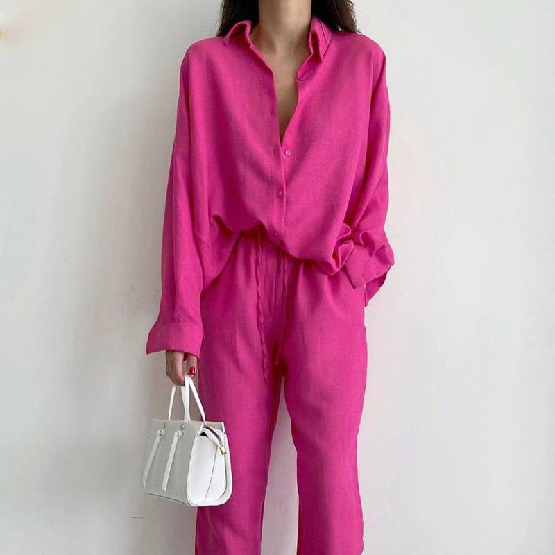 Damen lässiges Leinen Ensemble mit elegantem Hemd und weiter Hose Krohn-e