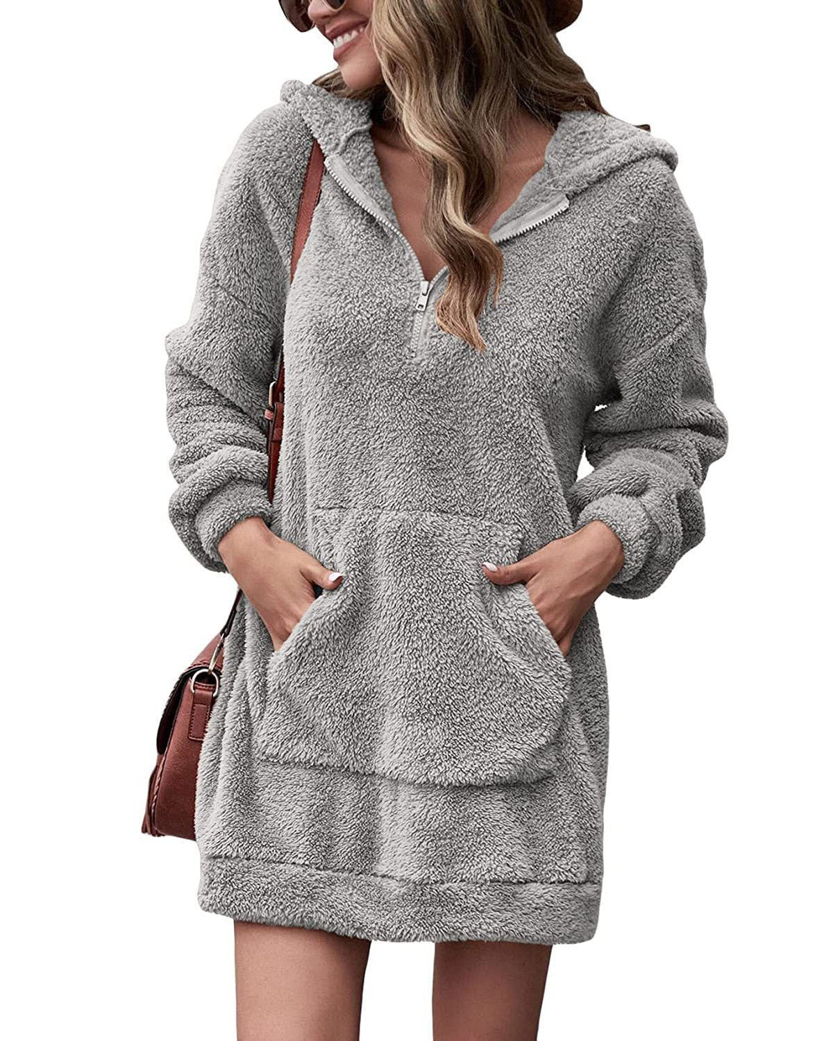 Damen Kuscheliger Hoodie-Kleid mit praktischen Taschen und halben Reißverschluss Krohn-e