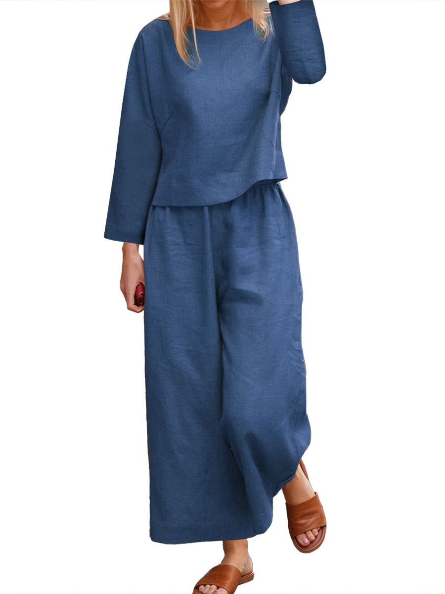 Damen lässiges Leinen-Langarm-Set mit weiten Hosen Krohn-e