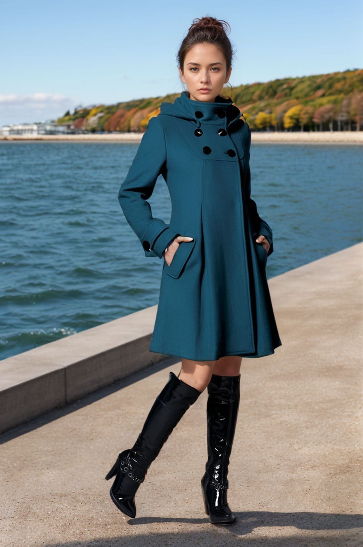 Damen eleganter Mantel mit hohem Kragen und funktionalen Taschen Krohn-e