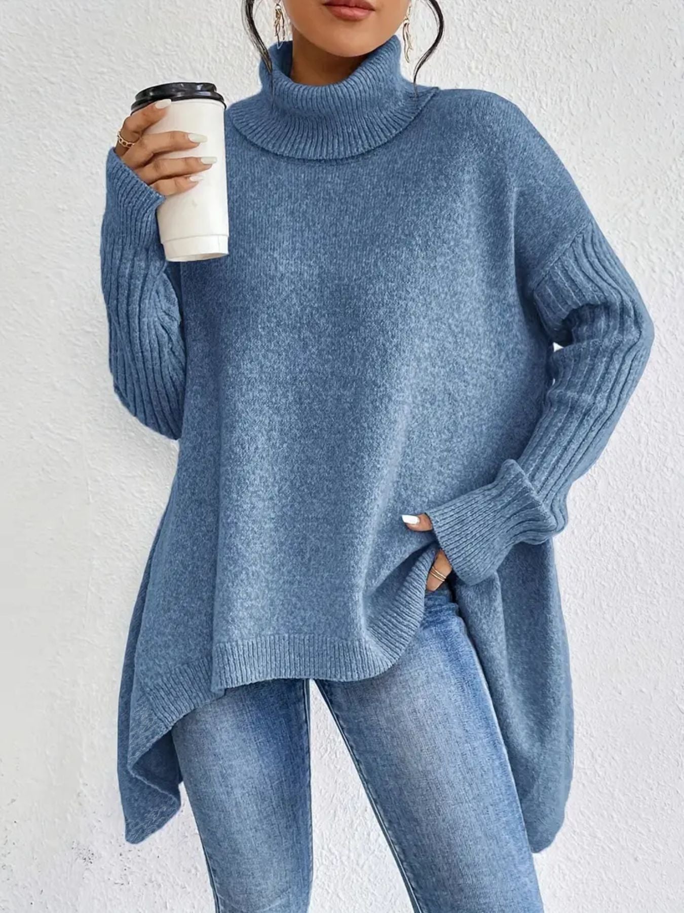 Krohn-e | Rollkragenpullover Übergröße Passform Wollstrick Asymmetrischer Saum Gerippte Ärmel