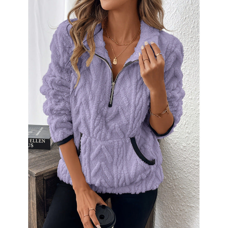 Damen flauschiger Teddy-Pullover mit halbem Reißverschluss und hohen Kragen Krohn-e