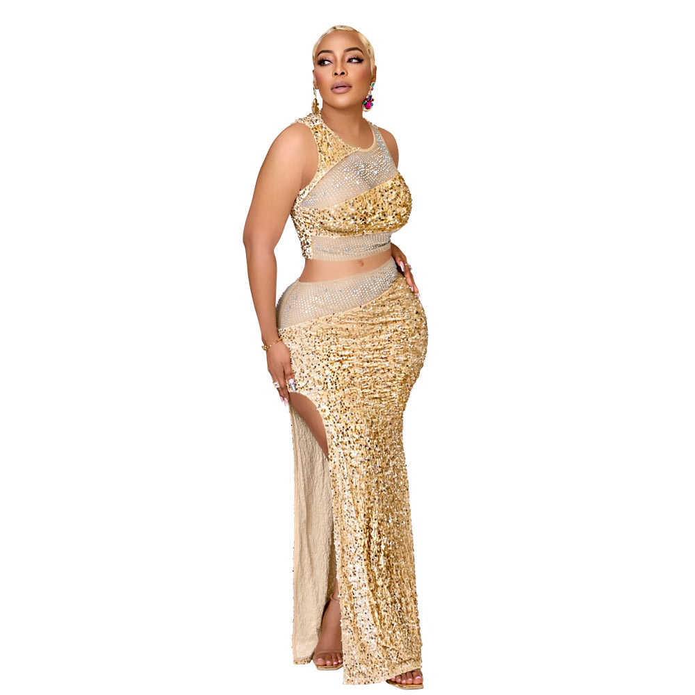 Fudus Pailletten-Oberteil mit hohem Beinschlitz und Rock-Set