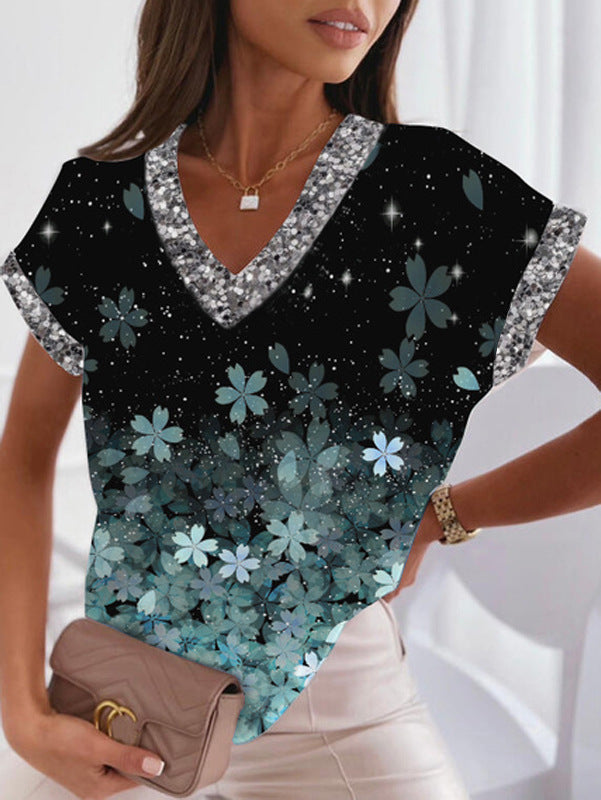 Fudus modisches T-Shirt mit V-Ausschnitt und Fledermausärmeln