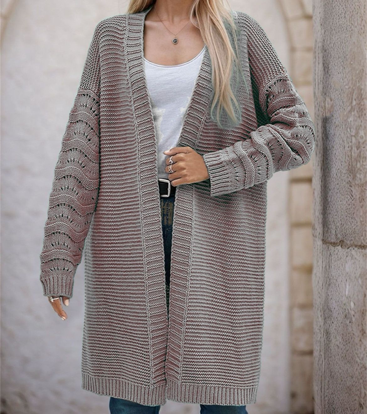 Damen Langer Strickcardigan mit luftiger Maschenstruktur und offener Front Krohn-e