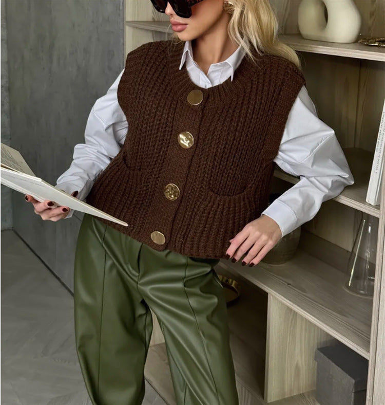 Damen Strickweste mit eleganten Knöpfen und praktischen Taschen Krohn-e