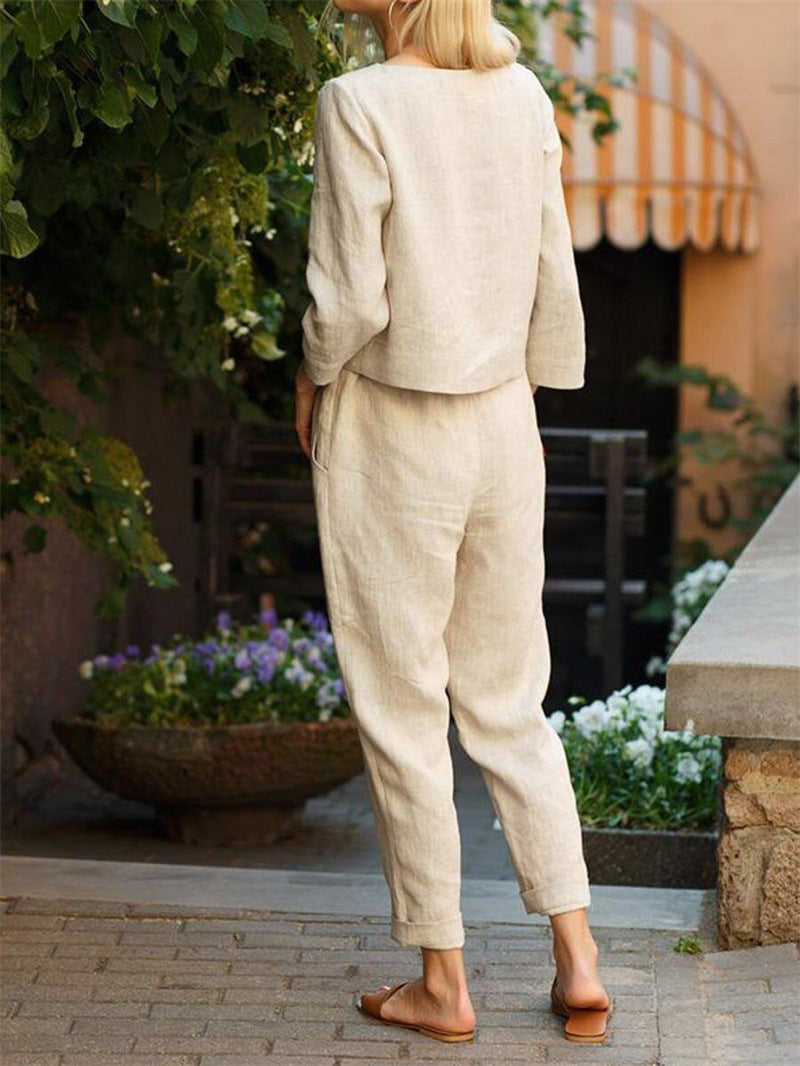 Damen Lässiges Zweiteiliges Leinen-Outfit mit breitem Bund Krohn-e