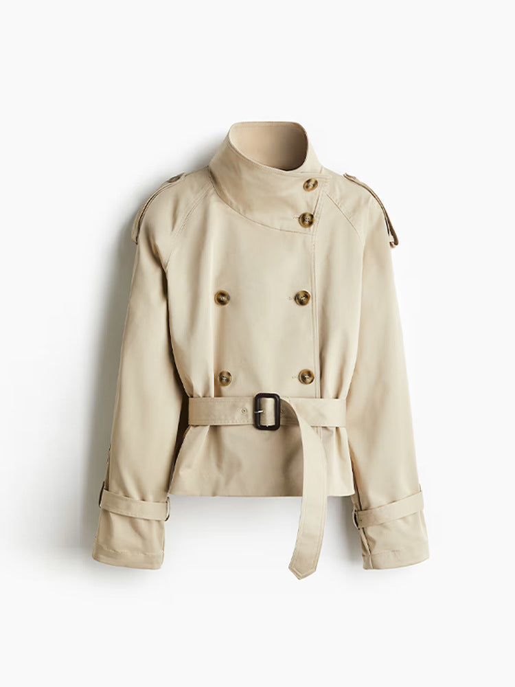 Damen trendige Kurzjacke im modernen Trenchcoat-Stil mit breitem Kragen und Taillengürtel Krohn-e