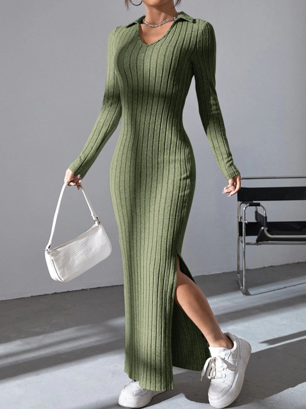 Damen Maxikleid mit strukturiertem V-Ausschnitt und Seitenschlitzen Krohn-e