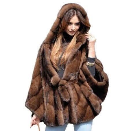Damen Elegantes Kunstpelz-Cape mit voluminösem Kapuzenkragen und Gürtel Krohn-e - Krohn-e