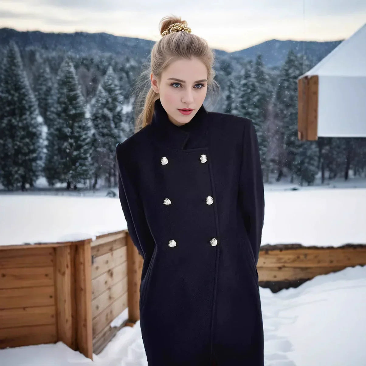 Krohn-e | Damenwolljacke mit Doppelten Knöpfen und Hohem Kragen