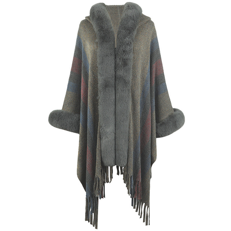 Damen modischer Poncho mit luxuriösem Kunstfellkragen und Fransen Krohn-e