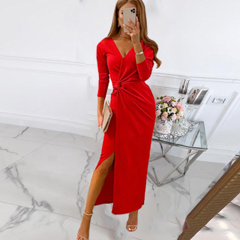 Damen elegantes Wickelkleid mit tiefem V-Ausschnitt und hohem Schlitz Krohn-e
