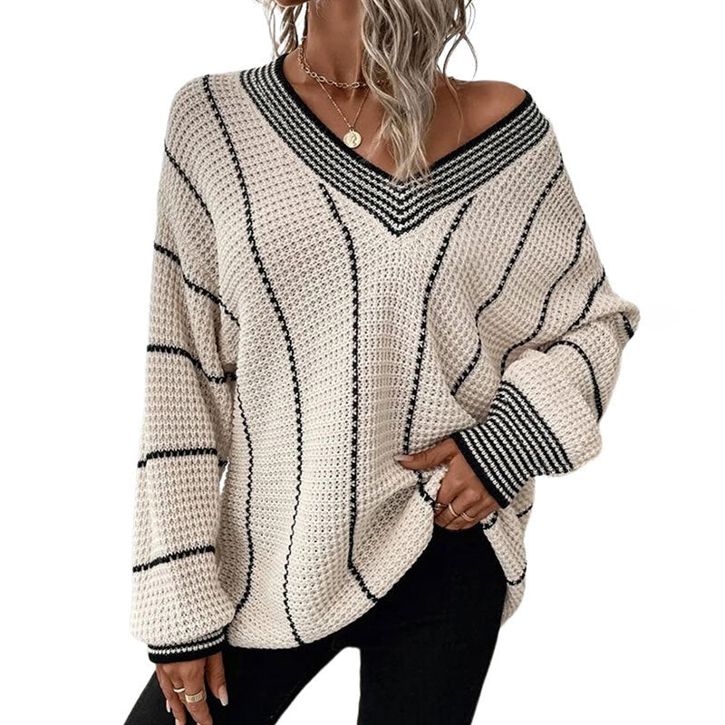 Krohn-e | Pullover - Damen Winter Gestreifter V-Ausschnitt Strickpullover