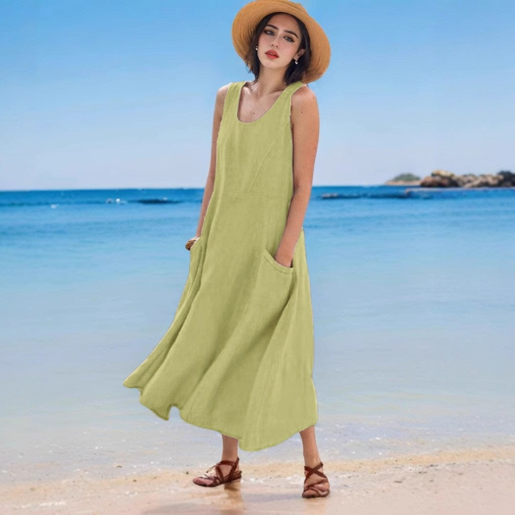 Sommerkleid aus Leinen, ärmellos, Rundhals, mit Tasche von Fudus