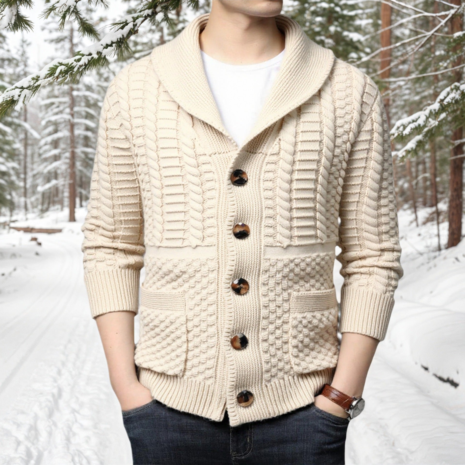 Herren modische Strickjacke mit tiefem V-Ausschnitt und stylishem Zopfdesign Krohn-e