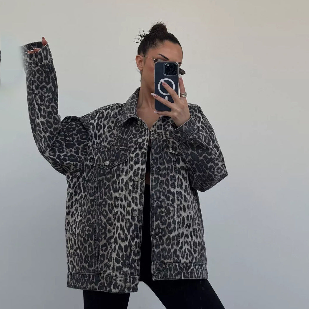 Damen Oversized Jeansjacke mit setzen Leo-Muster Krohn-e