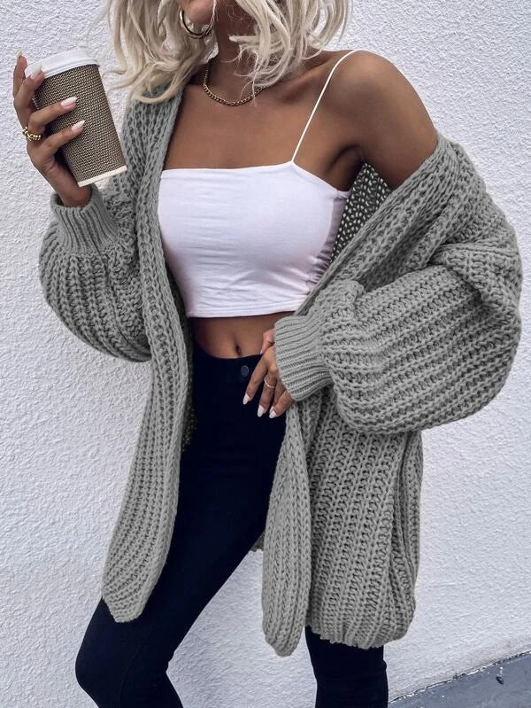 Damen lässiger Grobstrick-Cardigan mit tiefen Taschen und voluminösen Ärmeln Krohn-e