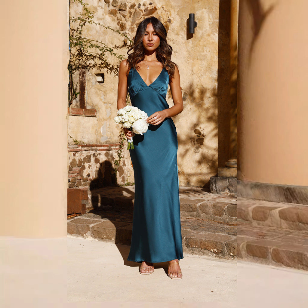 Damen Satin Maxikleid mit eleganter V-Form und fließendem Schnitt Krohn-e
