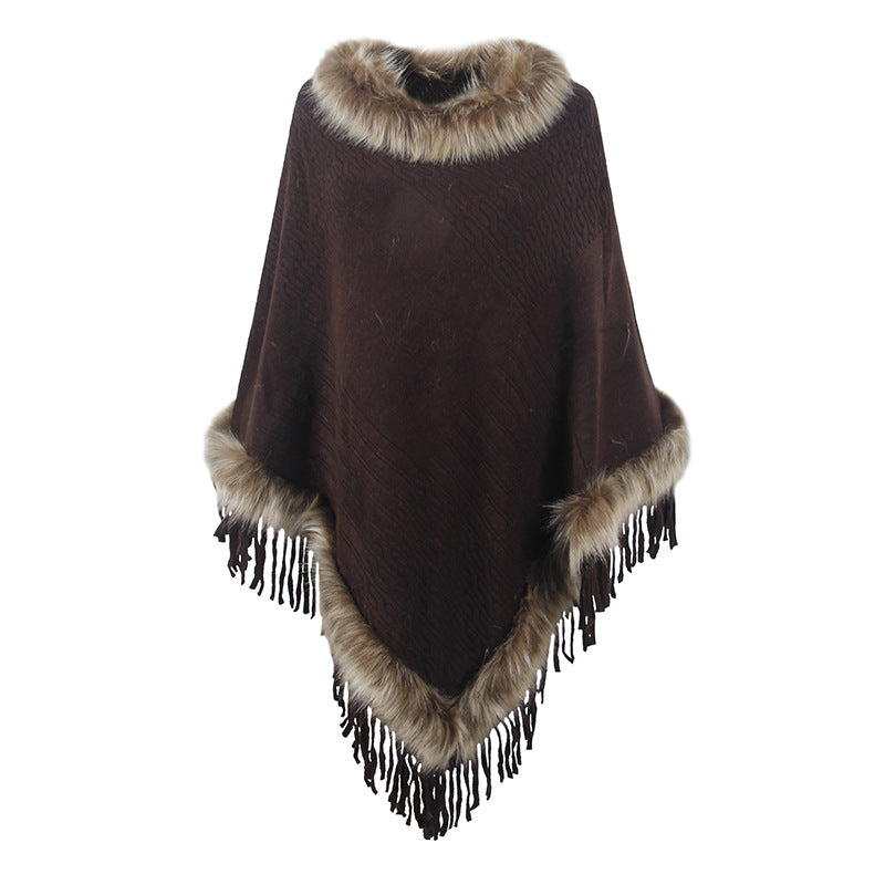 Damen eleganter Poncho mit luxuriösem Kunstfellkragen und dekadenten Fransen Krohn-e