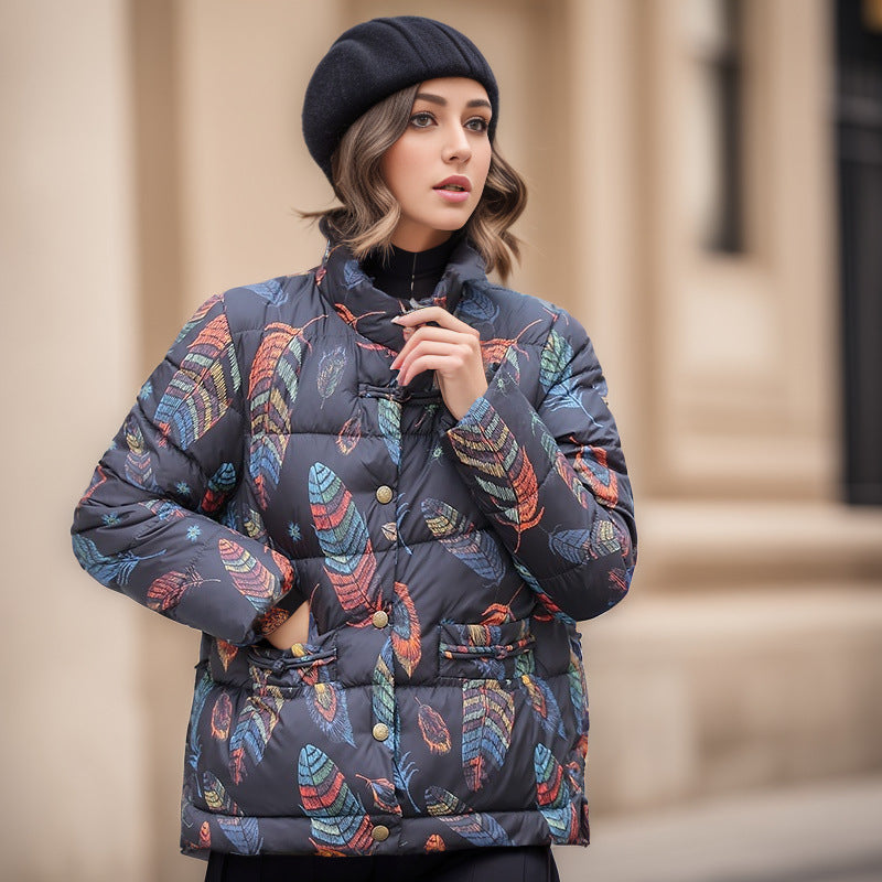 Damen gesteppte Winterjacke mit buntem Kunstdesign und praktischen Taschen Krohn-e