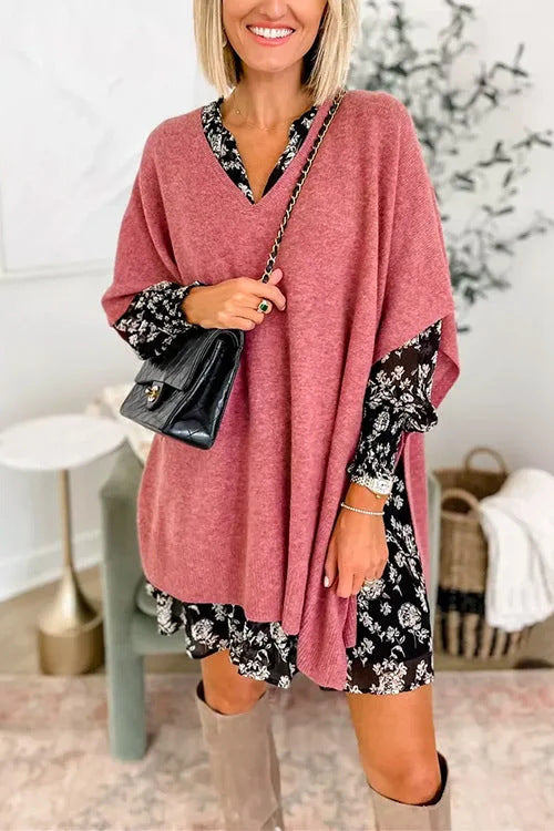 Damen lässiger Strickponcho mit V-Ausschnitt und überschnittenen Ärmeln Krohn-e