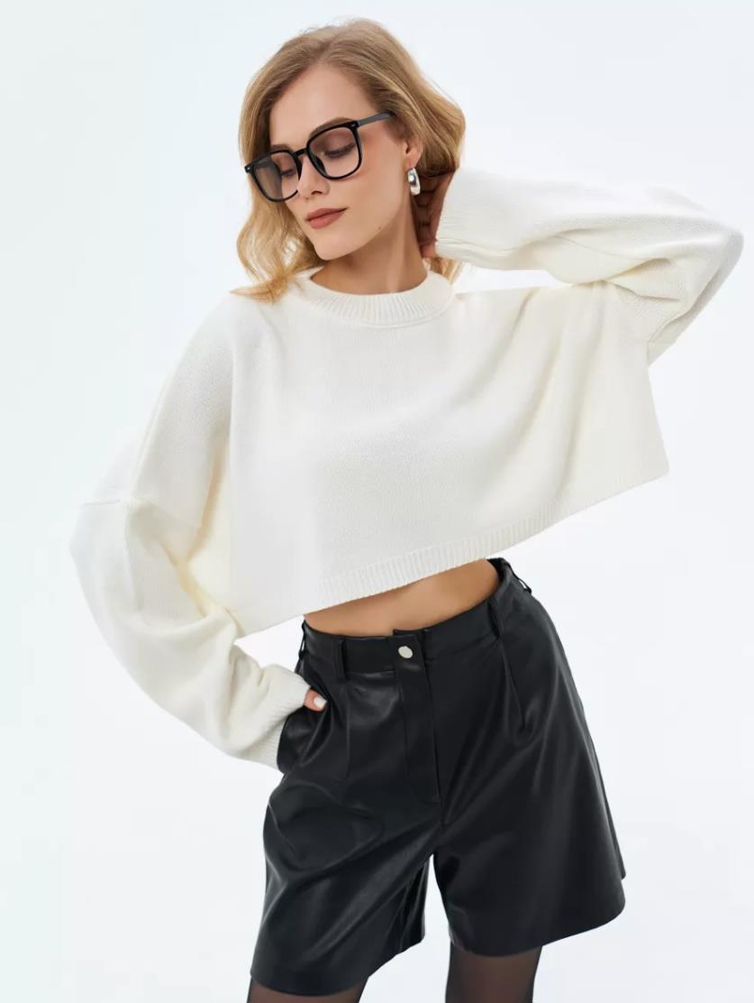 Damen Crop-Pullover im lässigen Oversized-Stil mit weiten Ärmeln und strukturiertem Design Krohn-e