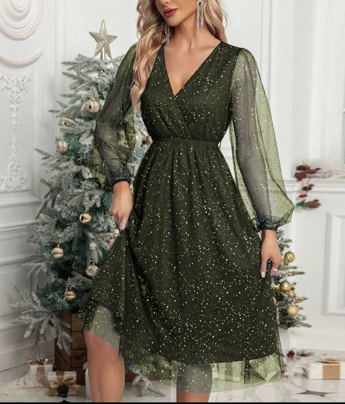 Damen Glamouröses Midikleid mit transparenten Puffärmeln und schimmerndem Paillettenmuster Krohn-e