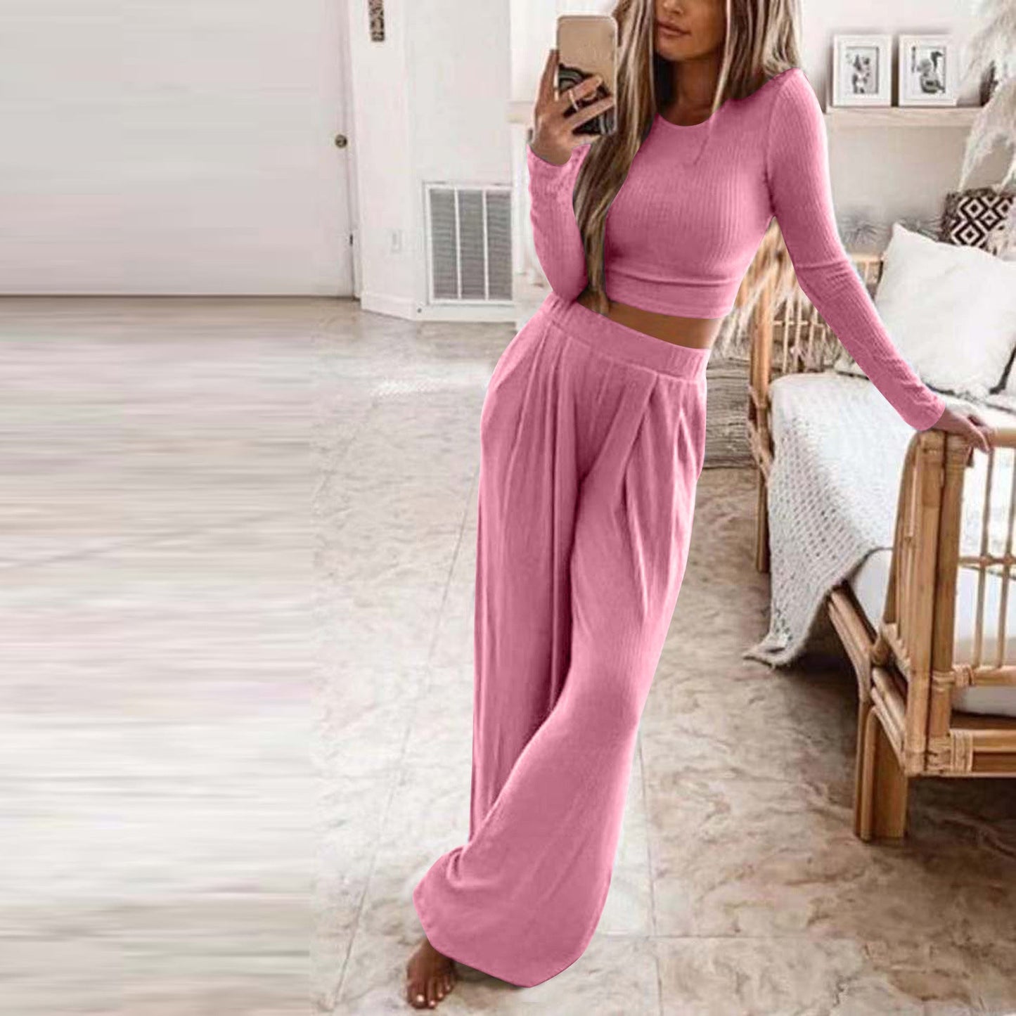 Damen Elegantes Lounge-Set mit langärmeligem Oberteil und weiten Hosen Krohn-e