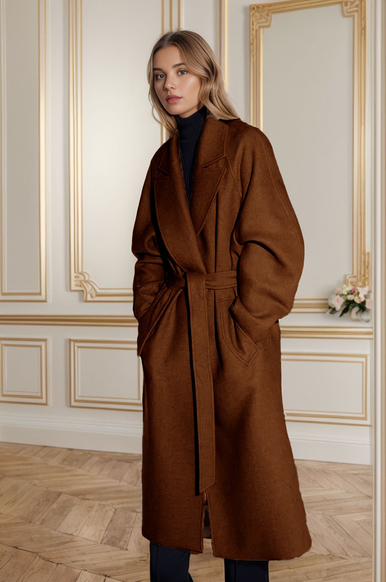 Damen eleganter Wollmantel mit Gürtel und weit geschnittenen Ärmeln Krohn-e