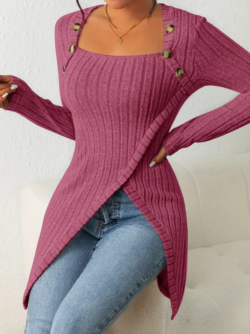 Damen Rippstrick Top mit asymmetrischem Knopfverschluss von Fudus