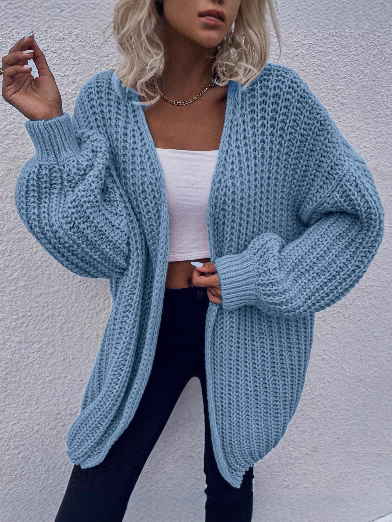 Damen lässiger Grobstrick-Cardigan mit tiefen Taschen und voluminösen Ärmeln Krohn-e