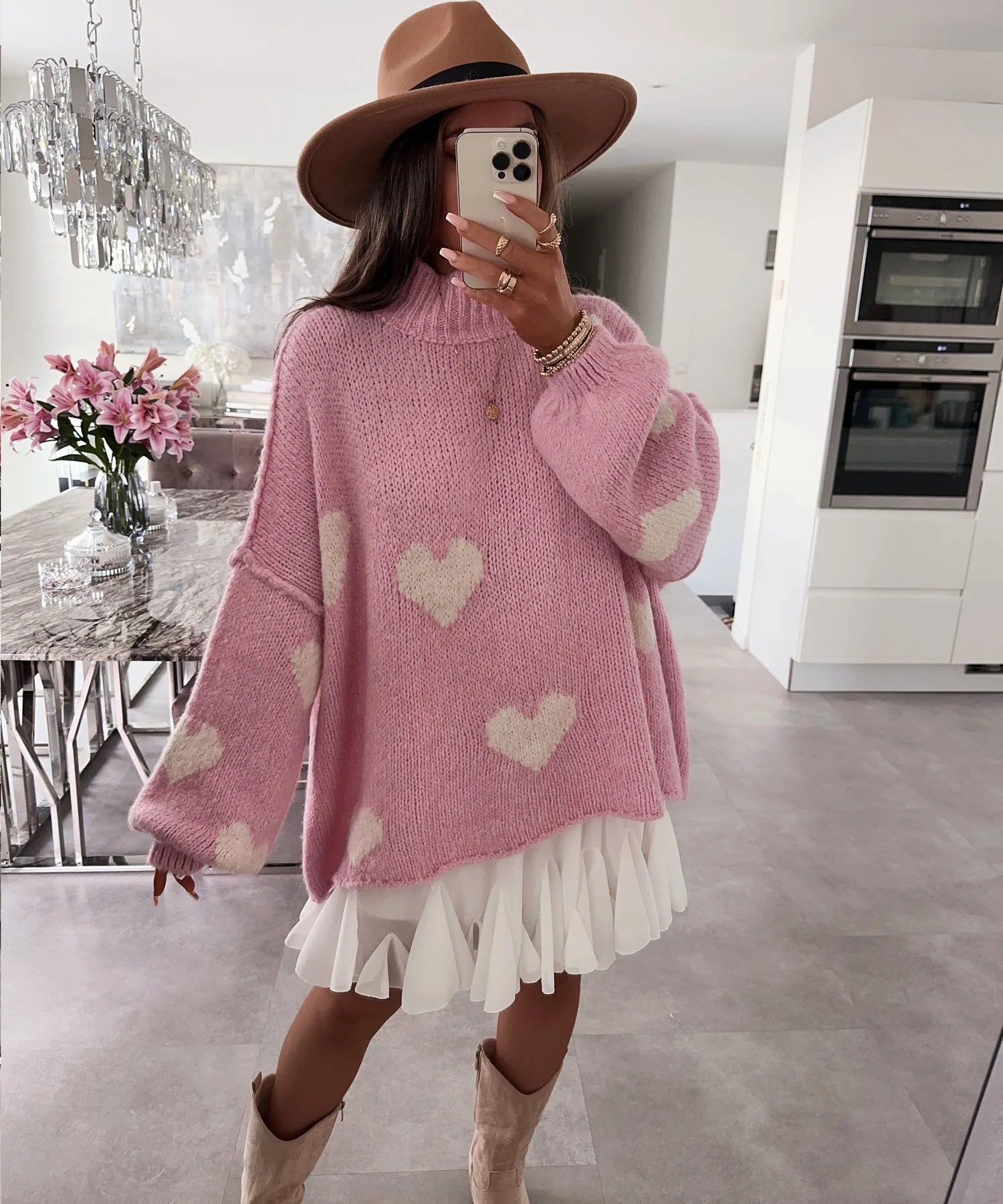 Damen grob gestrickter Pullover mit Herzmotiven und lässigem Schnitt Krohn-e