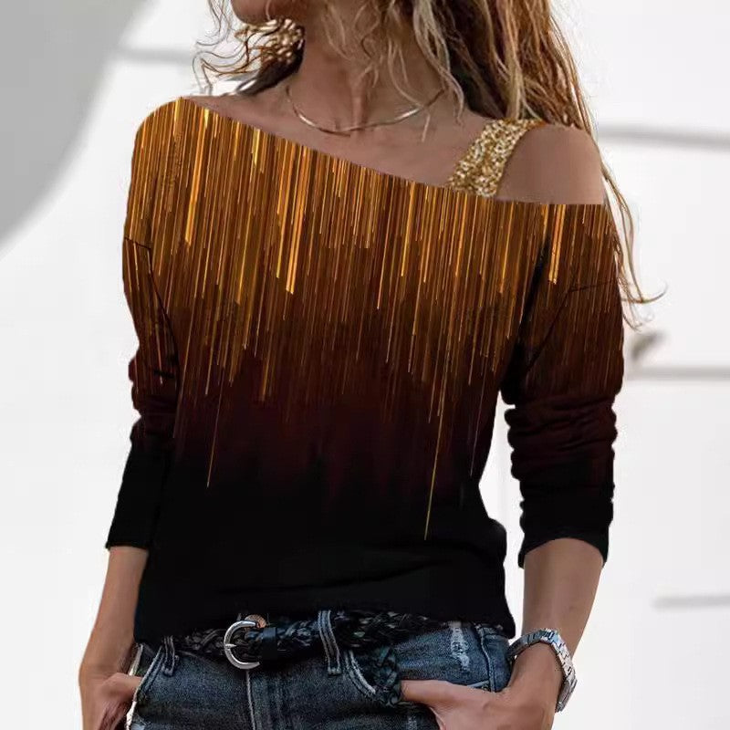 Modisches Off-Shoulder T-Shirt mit 3/4 Ärmeln im Marmor-Look von Fudus