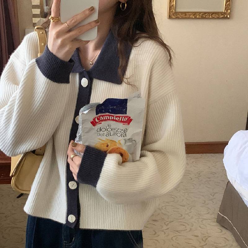 Damen Übergrößen Strickjacke mit kontrastierenden Kragen und Knopfdetail Krohn-e