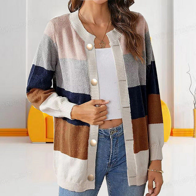 Krohn-e | Strickjacke - Damen Frühling Freizeit Gestreifte Strickjacke